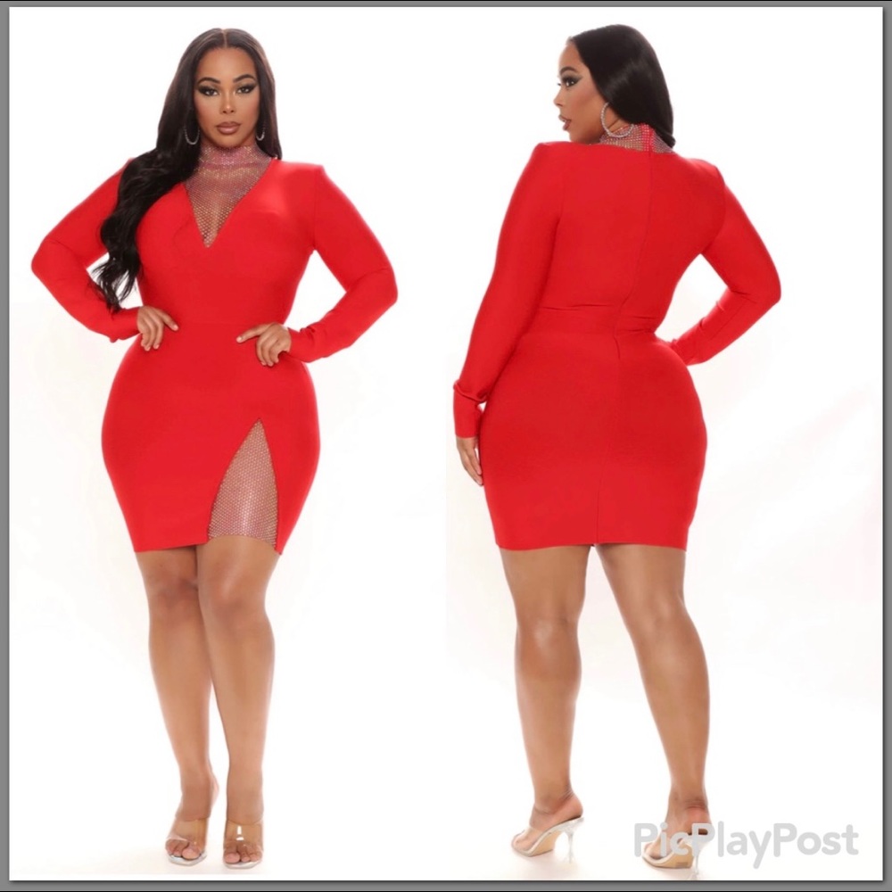 Red bandage dress with diamond detail.